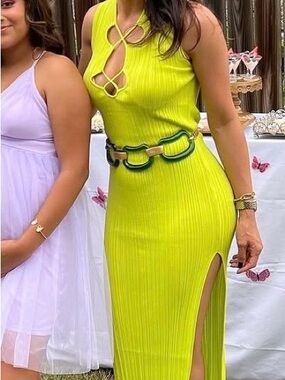 Zara Neon Lime Ribbed Cutout Maxi Dress with Side Slit